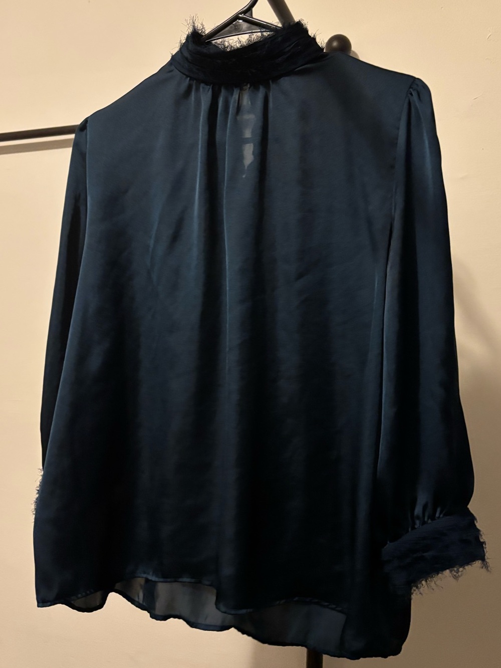 ZARA Women’s Navy Long-Sleeve Satin Blouse with Feather Trim